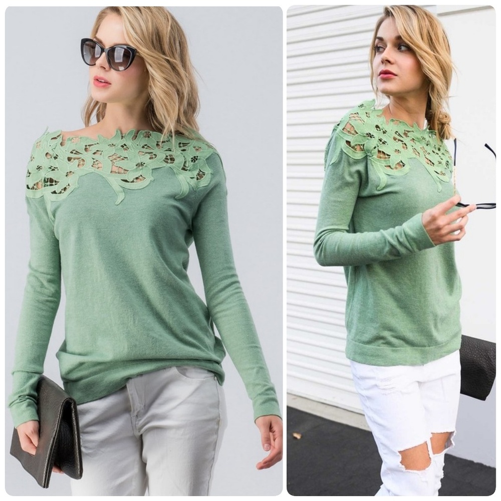 Lace Yoke Long-Sleeve Blouse - Sage Green